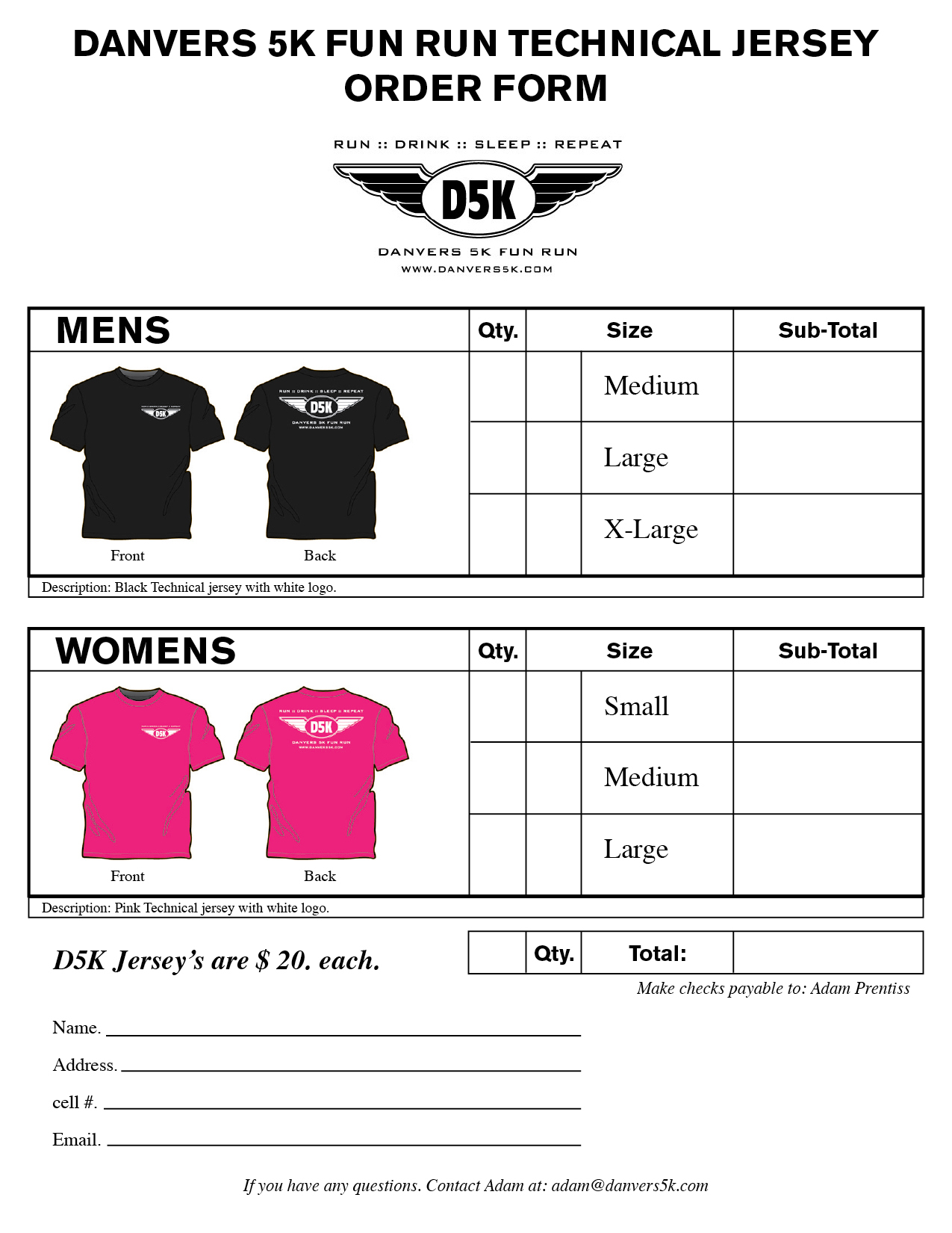 TShirt Order Forms the danvers 5K